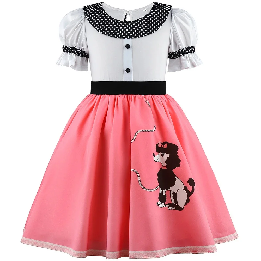 Vintage 1950er Pudelkleid für Mädchen, Sommerliches Polka-Dot-Prinzessinnenkleid mit Schals, Brille und Stirnband, Kinder-Geburtstagskleid – Detail 12