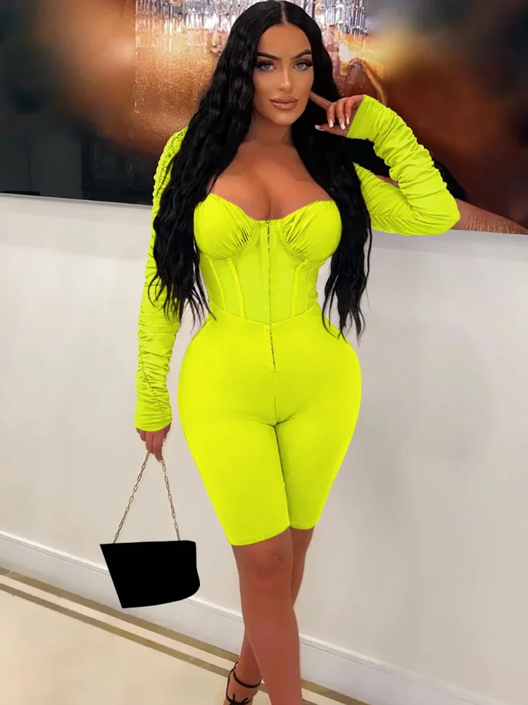 

WUHE Ruched Corset Mesh Patchwork Romper Women Jumpsuits Long Sleeve Buckle Short Jumpsuits Workout Overalls Sexy Party Clubwear