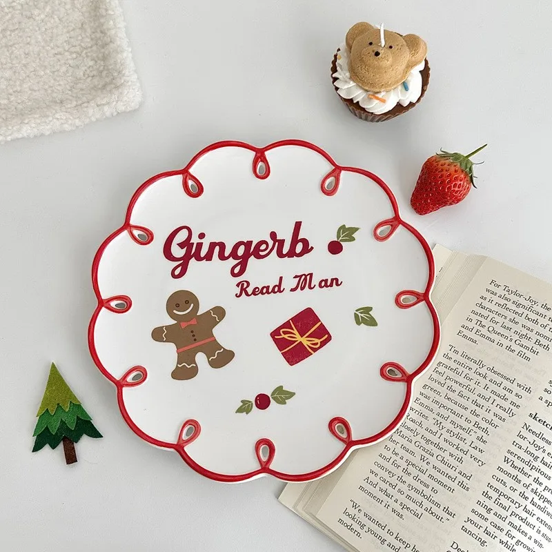 

Korean Ins Christmas Ceramic Dinner Plate Kawaii Gingerbread Man Flower Lace Dessert Plate Fashion Jewelry Storage Home Ornament