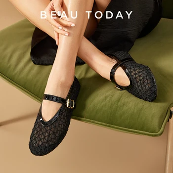 BEAUTODAY Mary Janes Women Mesh Patent Leather Solid Color Buckle Strap Hollow Ballet Ladies Flat Shoes Handmade 22219