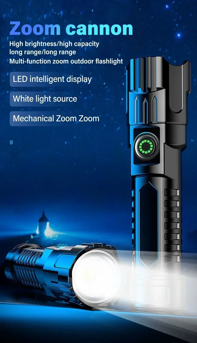 Description Picture 2 of itemHigh Strong Power Led Flashlights 2000LM Tactical Torch with Display Light USB Charging Camping Fishing Emergency Zoom Lantern