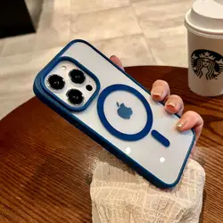Luxury Magnetic Wireless Charging Shockproof Transparent Phone Case with Soft Bumper for iPhone 15 (Navy Blue)