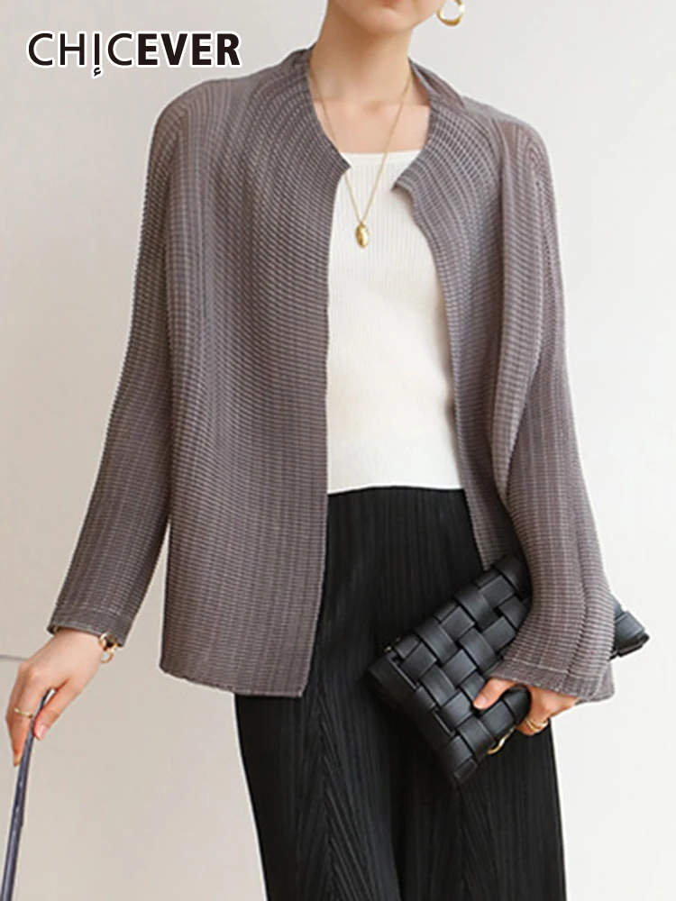

CHICEVER Minimalist Patchwork Folds Cardigan For Women Round Neck Long Sleeve Solid Temperament Slimming Spring Coats Female New