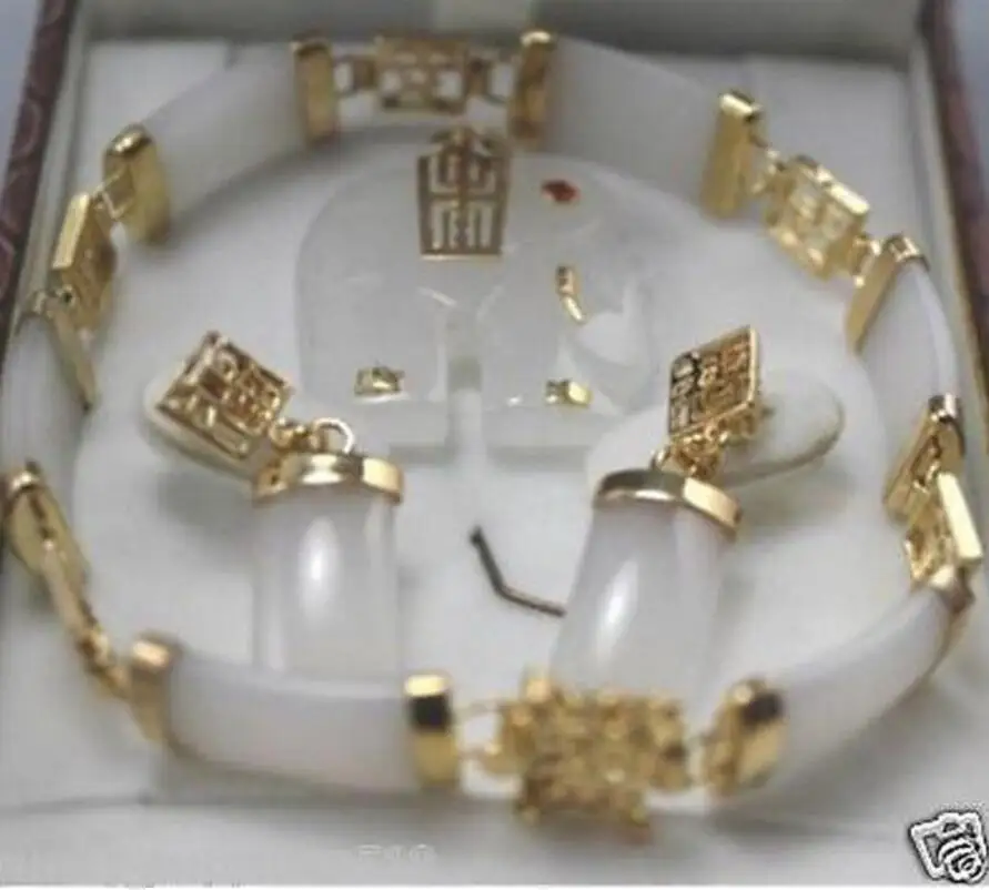 

Jewelry White jade pendant necklace earring bracelet set+ chain