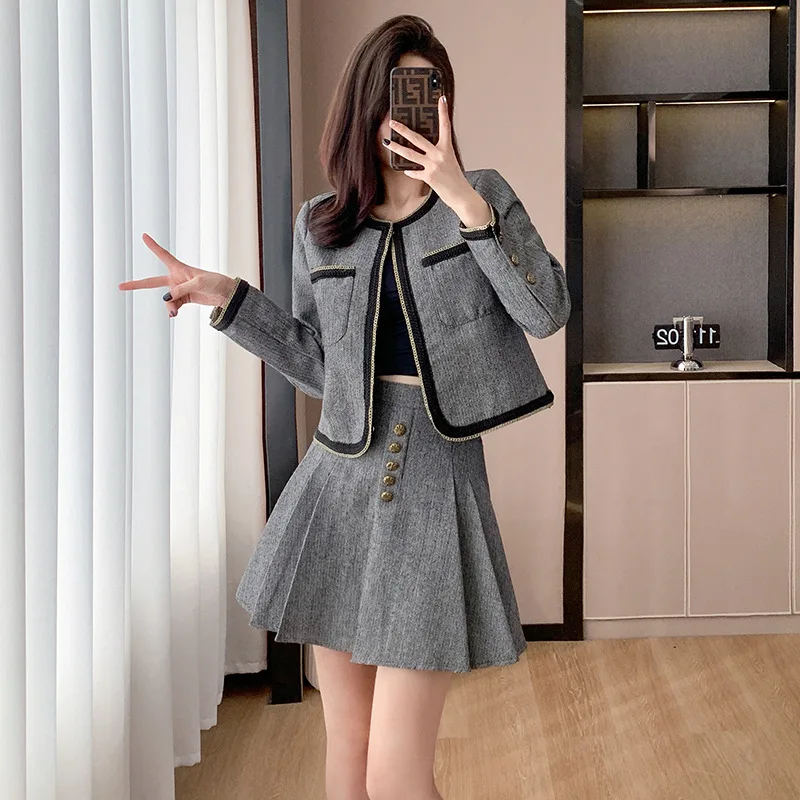 women's-short-style-thick-tweed-suit-coat-pleated-skirt-set-retro-casual-color-contrast-splice-suit-half-skirt-two-piece-sets