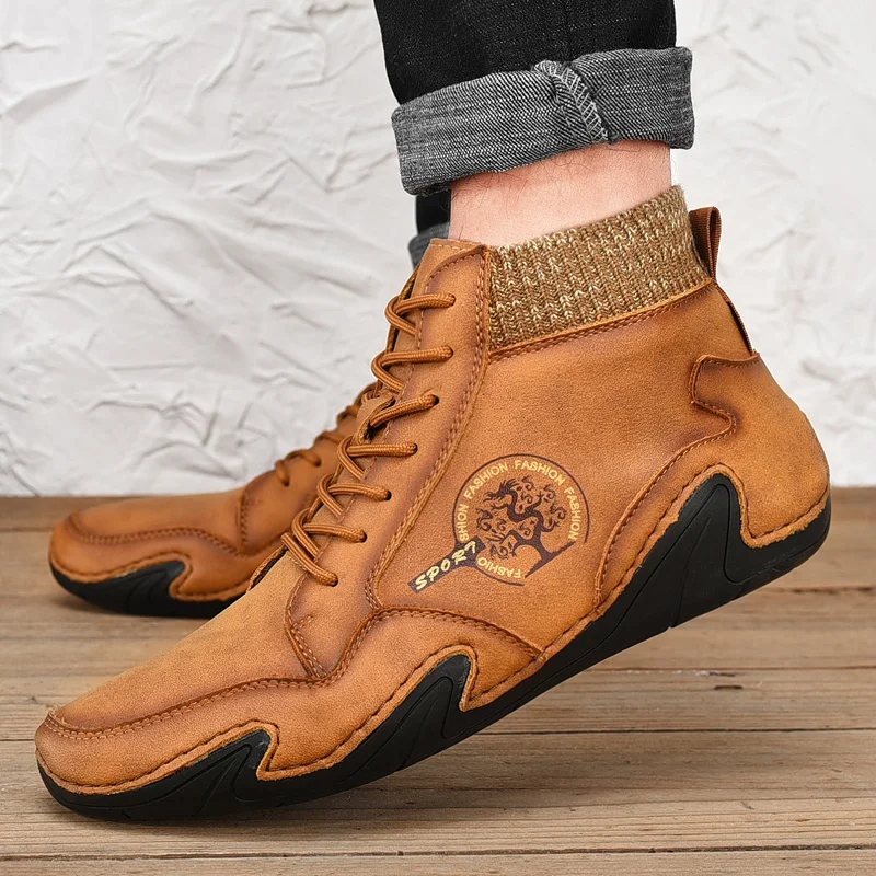 Leather Men Boots Men Casual Shoes Sneakers High Top Western Ankle Boots Waterproof Winter with Fur Super Warm Snow