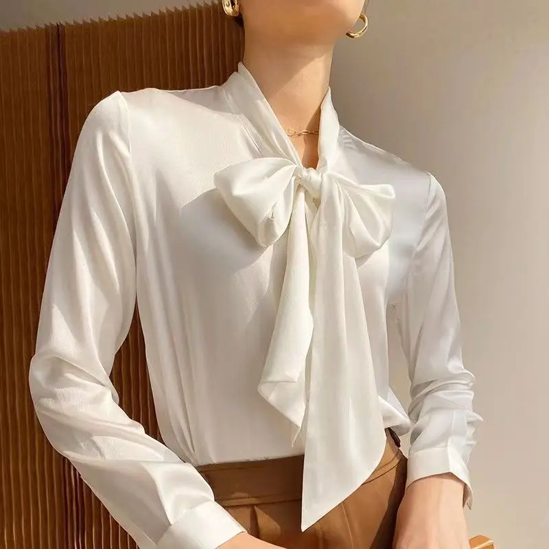 새틴 실크 활 셔츠, 오피스 레이디 긴팔 블라우스, 팜므 가디건 상의, 브랜드 품질 용수철, 오버사이즈, 우아한 패션, 여름