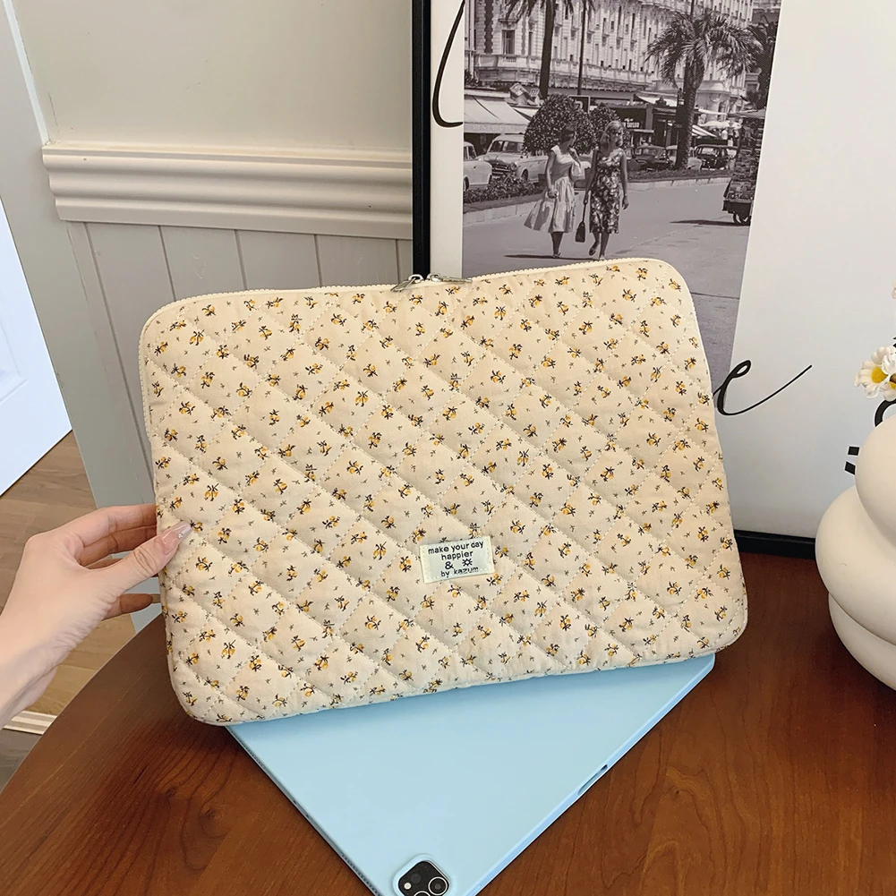 Korean Flower Printed Laptop Carrying Case Quilted Notebook Protective Sleeve Cute INS Grid Handbag for 11-15 Inch Laptop Tablet