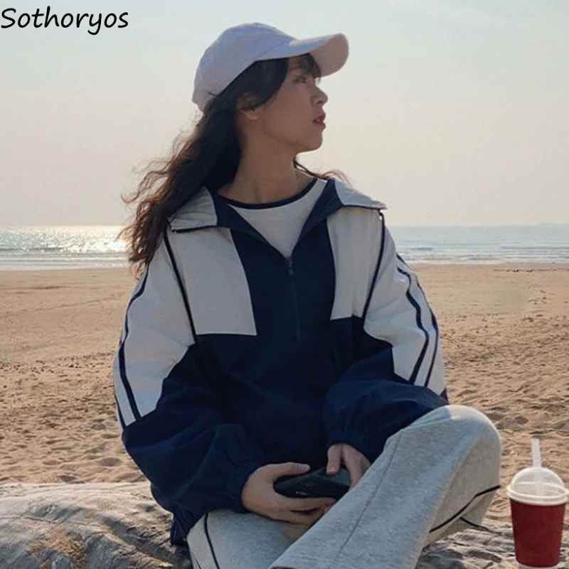 

Jackets Women Spring Patchwork Hooded Drawstring Coats Retro Students Korean Style Mujer Chaqueta Fashion Stylish Basic Hot Sale