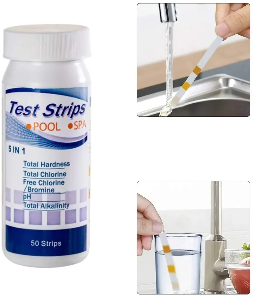Bandelettes de Test de PH 5 en 1, polyvalentes, pour SPA, piscine, testeur d'eau, outil de dureté du papier, en bouteille, 50 pièces 2
