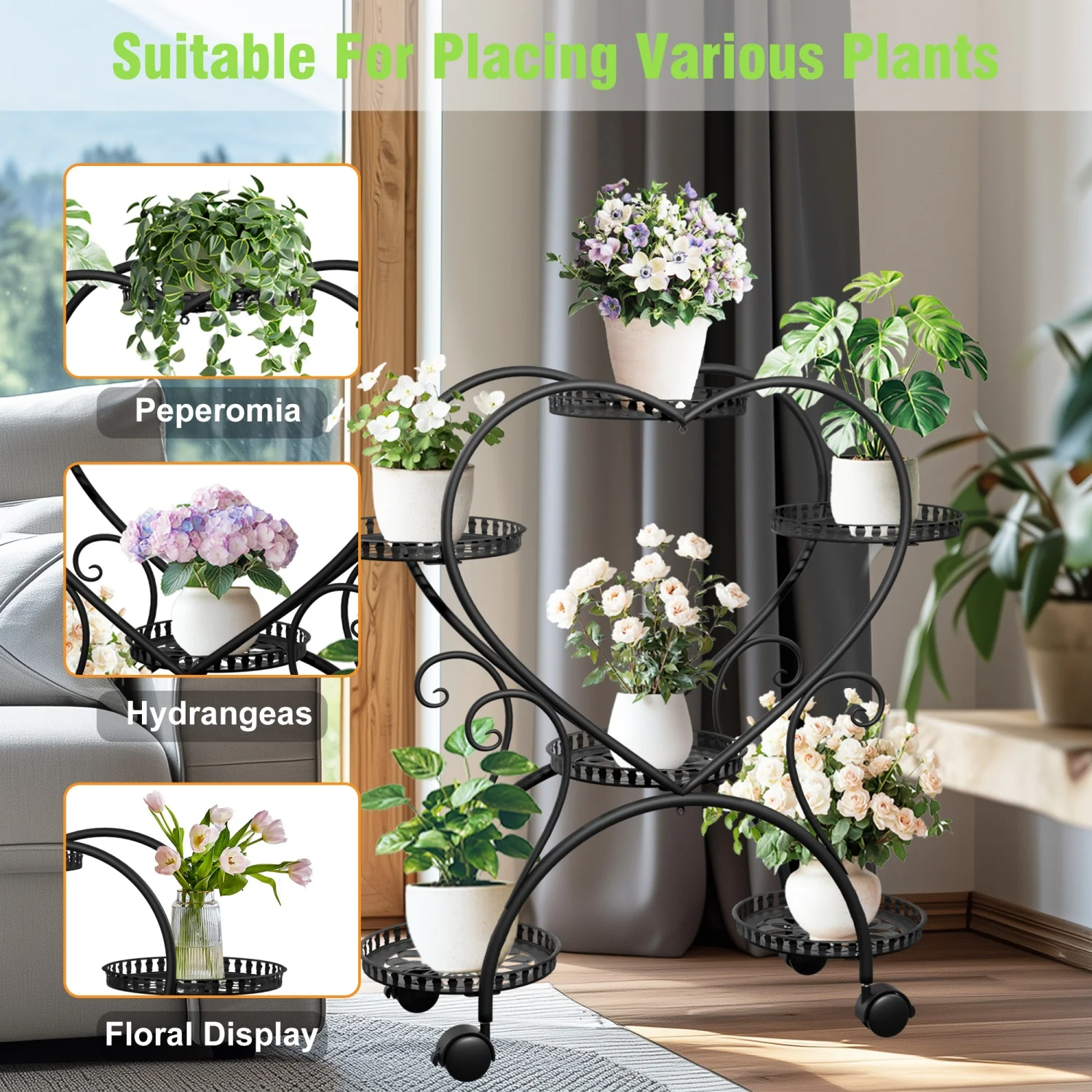 6 Potted Heart-shaped Rolling Metal Plant Stand on Wheels Garden Cart Flower Pots Organizer Rack for Patio, Balcony