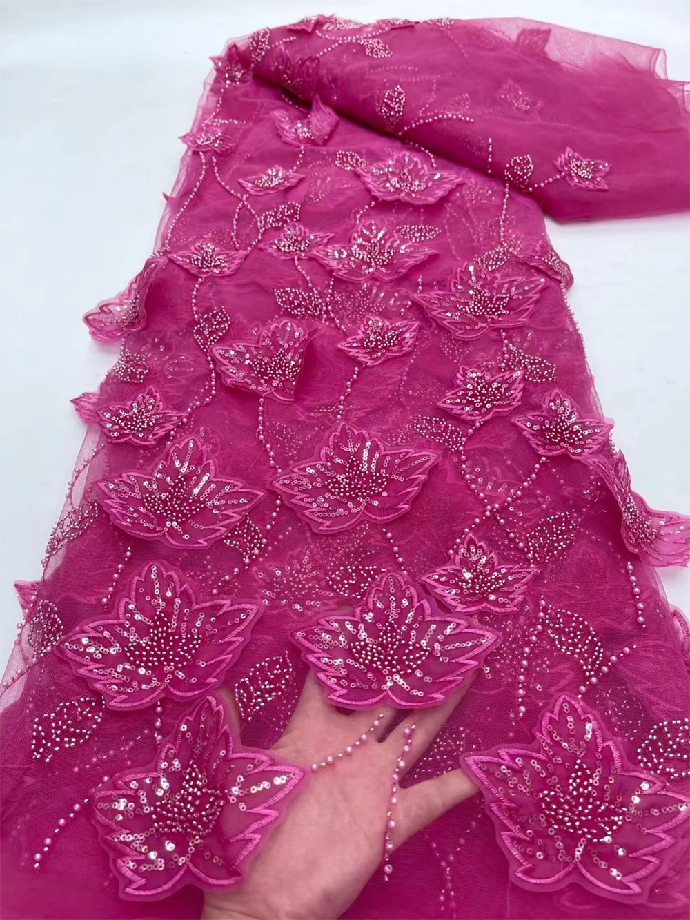 

3D Beads Lace Fabric 2024 High Quality Mesh Embroidery Applique 3D Flower Tulle Nigerian Lace Fabrics For Bridal Women Dress