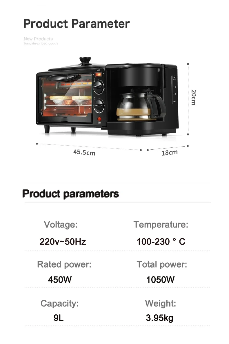 110V Electric Breakfast Machine 3 in 1 Multifunction Breakfast Maker Mini Drip Coffee Maker Bread Pizza Oven Frying Pan Toaster 6