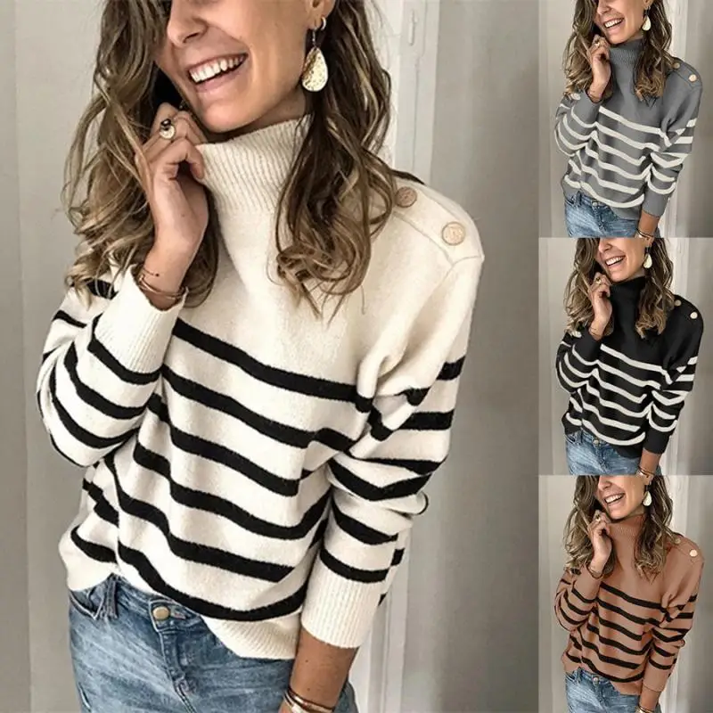 

High Neck Knit Striped Sweater for Women 2023 New Autumn Winter Long Sleeve Casual Tops Fashion High Street Turtleneck Pullover