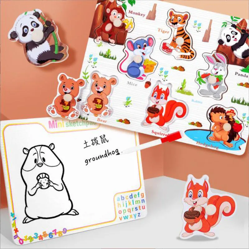 

3D Hand Grab Board Puzzle Wooden Animal Vehicle Jigsaw Puzzles Educational Toys Early Education Sketchpad