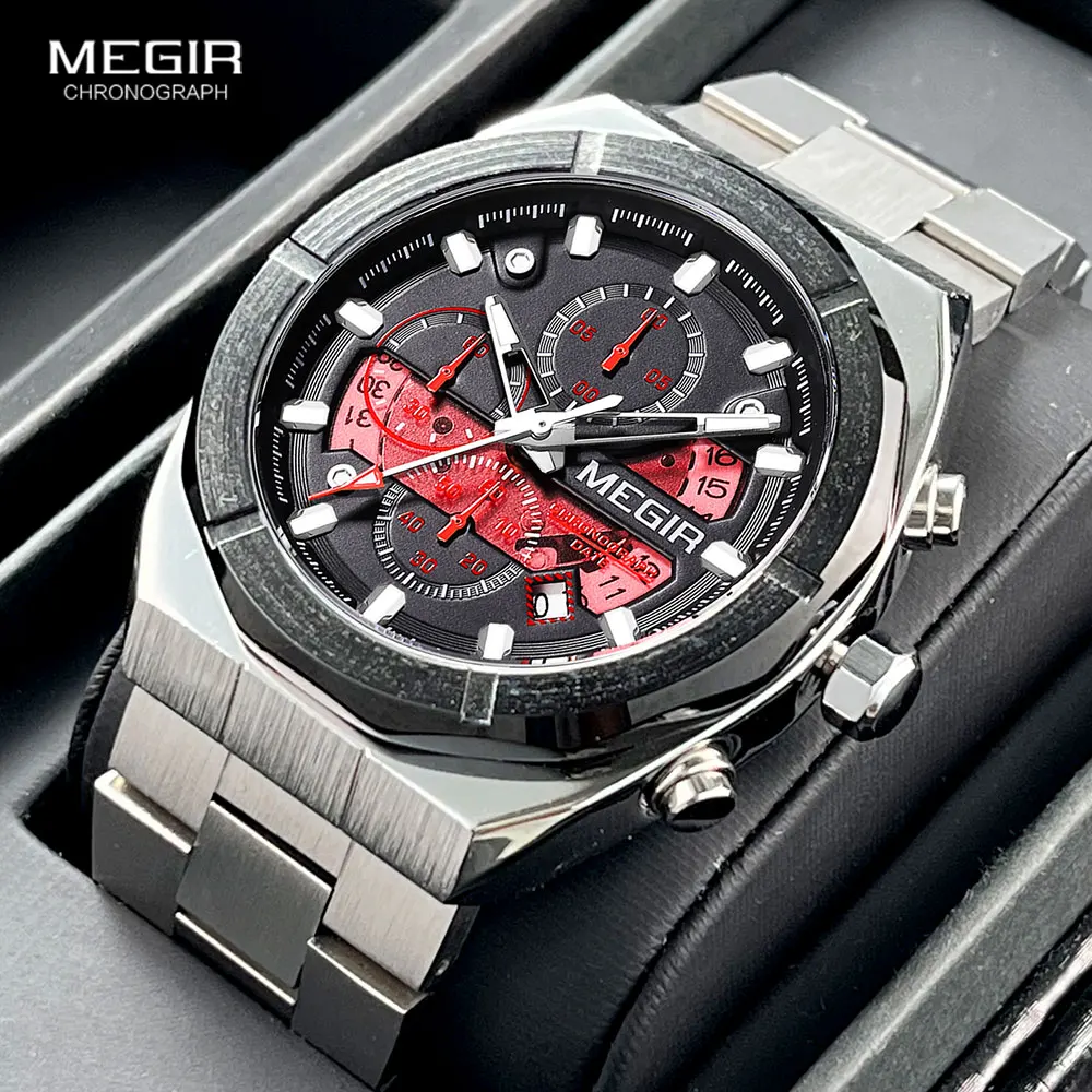 MEGIR Silver Quartz Watch for Men Fashion Military Sport Dress Wristwatch with Chronograph Stainless Steel Strap Auto Date 2225