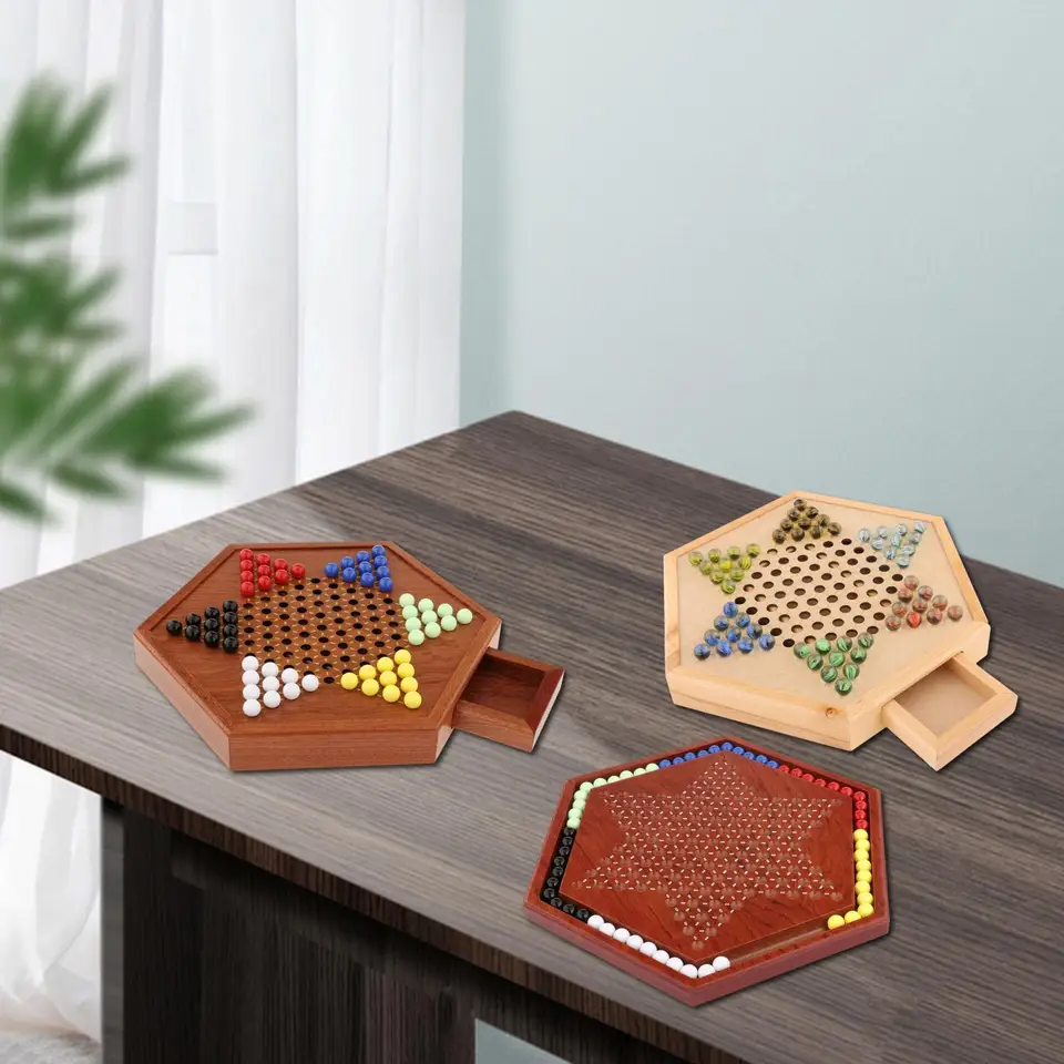 12.5" Wooden Chinese Checkers Set With Drawer - 60 Marbles, Family - View #6