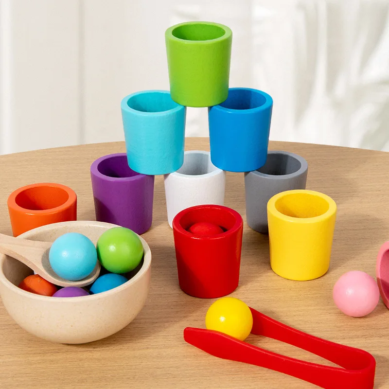 Balls in Cups Montessori Wooden Color Sorter Game Toys for Toddler Sorting Matching Counting