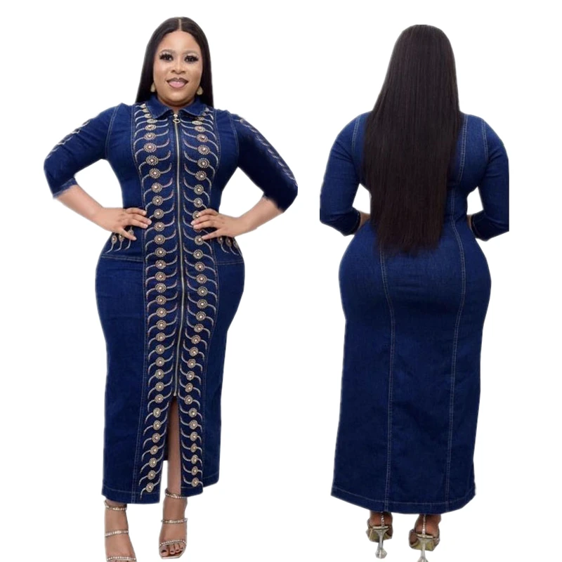 

Blue Denim Long Dress Women Autumn Sexy Full Zipper Slit High Waist Maxi Dresses Female Spring Casual Lapel Shirt Jeans Clothes