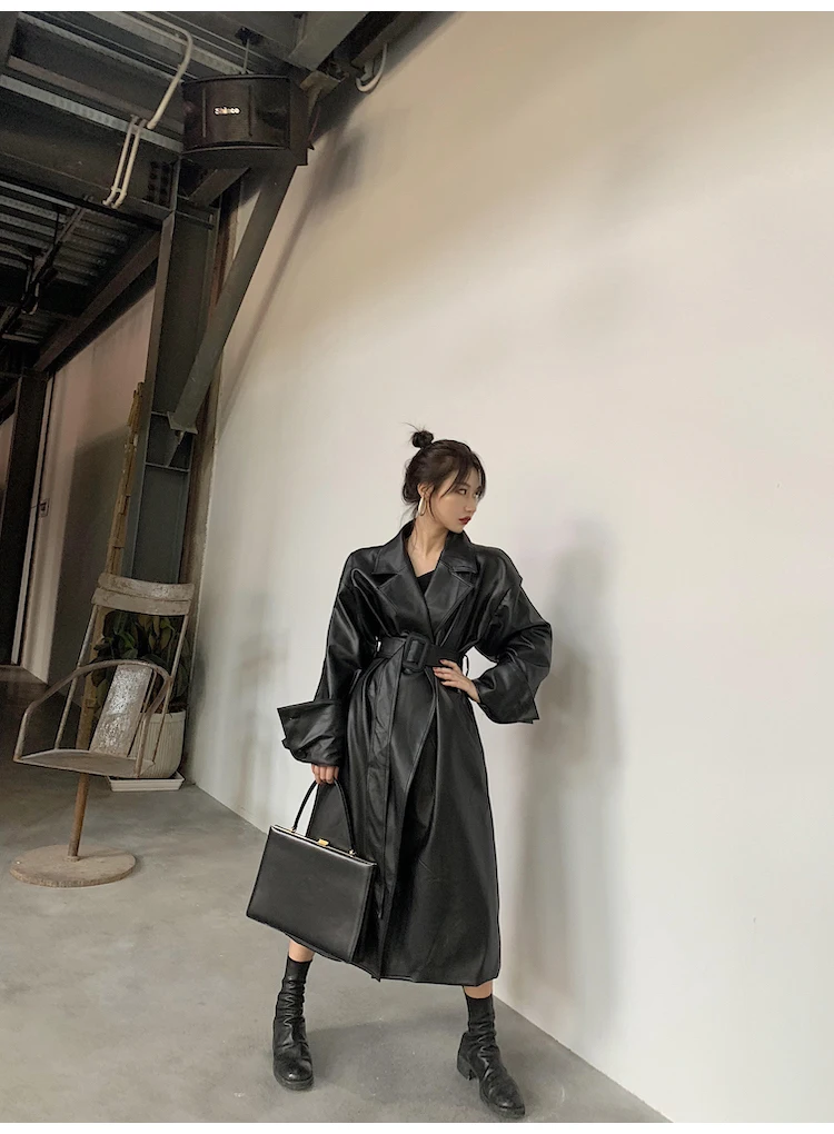 long down coat womens Lautaro Long oversized leather trench coat for women long sleeve lapel loose fit Fall Stylish black women clothing streetwear parka coat