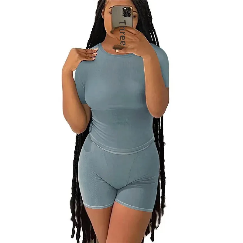 thumbnail image 1 of Conjunto de 2 piezas de ropa deportiva informal transfronteriza para mujer que adelgaza y suaviza tu silueta Camiseta de cuello redondo Pantalones, 1 of 5