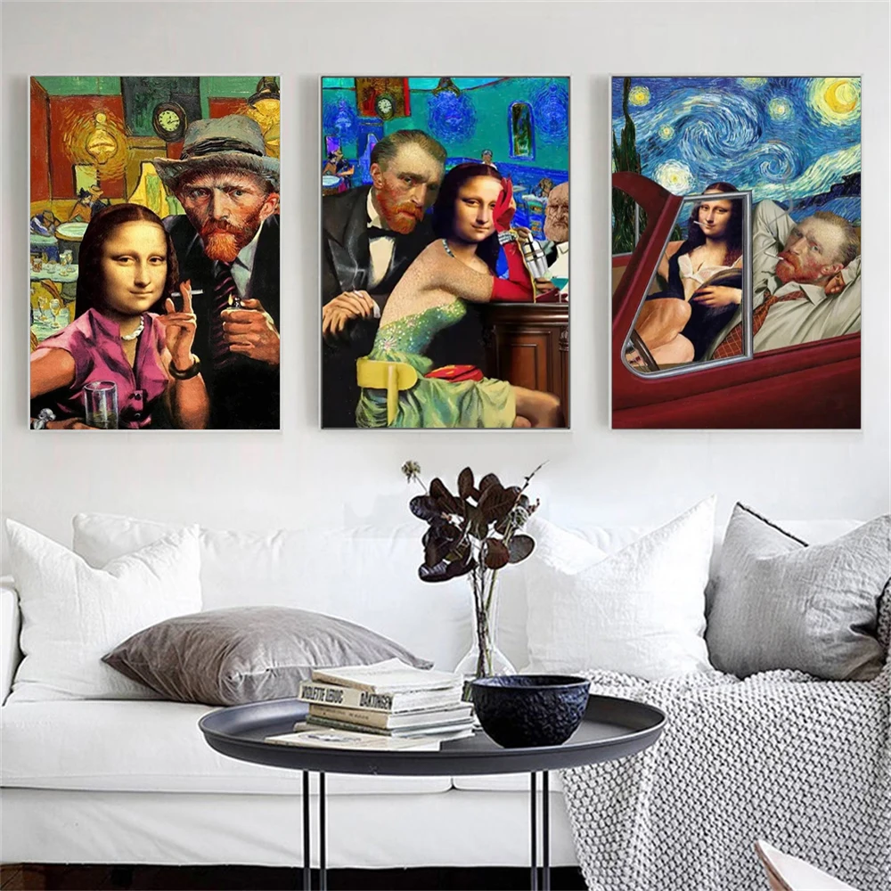 Divertente Graffiti Poster Starry Night Van Gogh Con Amico Canvas Painting Sexy Mona Lisa Wall Art Prints Portico Room Home Decor