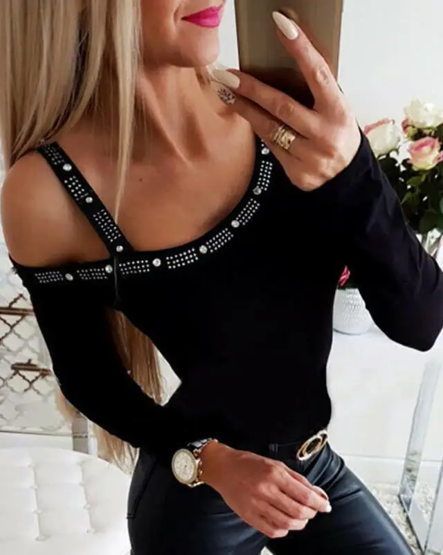 

Minimalist Style 2024 for Women Tee Solid Color Studded Patchwork Design Cold Shoulder Rhinestone Long Sleeve Daily Top