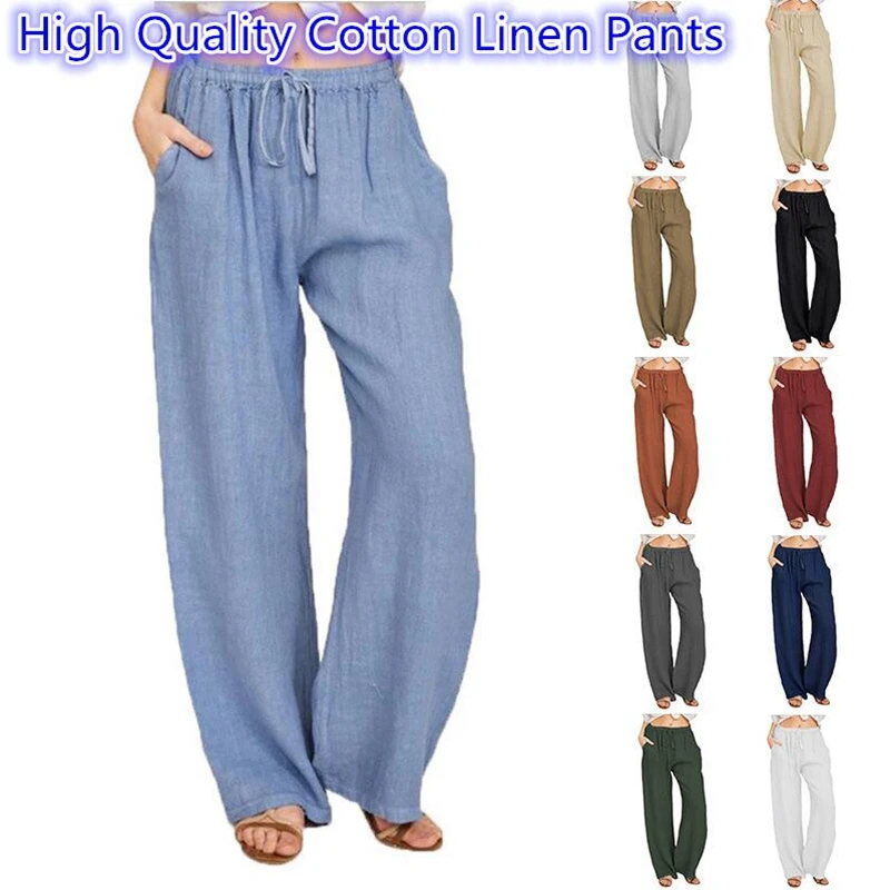 

Cotton Linen Pants Women Casual Loose Drawstring Wide Leg High Waist Trousers Summer Solid Thin Breathable Comfort Female Pants