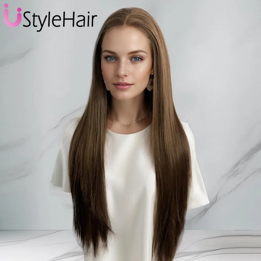 Synthetic wig UStyleHair Brown Wig Lace Front Mix Color Long Silky Straight Synthetic Lace Wig Natural Hairline Daily Use Cosplay Party Wigs