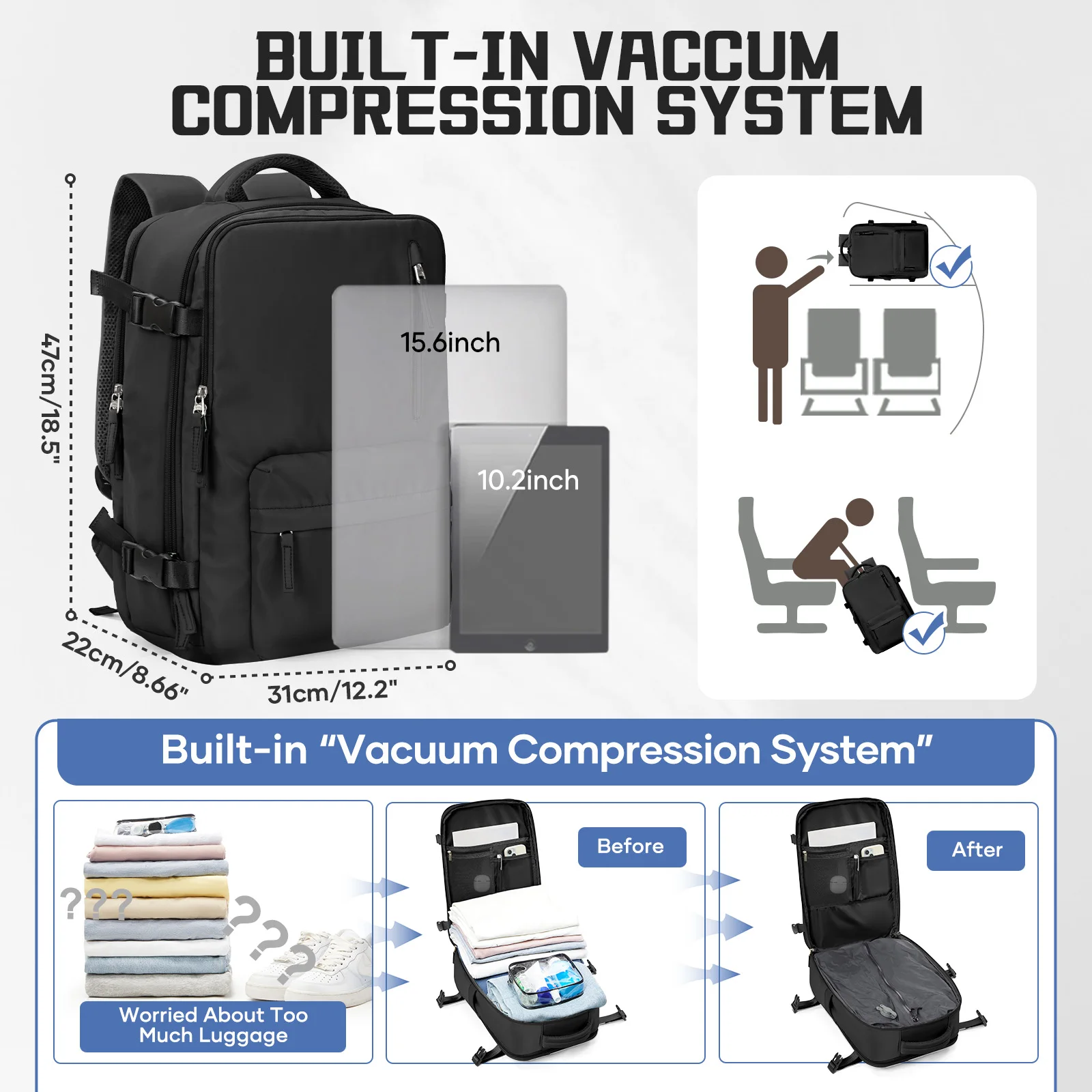 Easyjet Cabin Bag 45x36x20 Vacuum Travel Backpack, Hand Luggage Business Laptop Women Men Backpack Work Bag, Vacuum Storage Bags