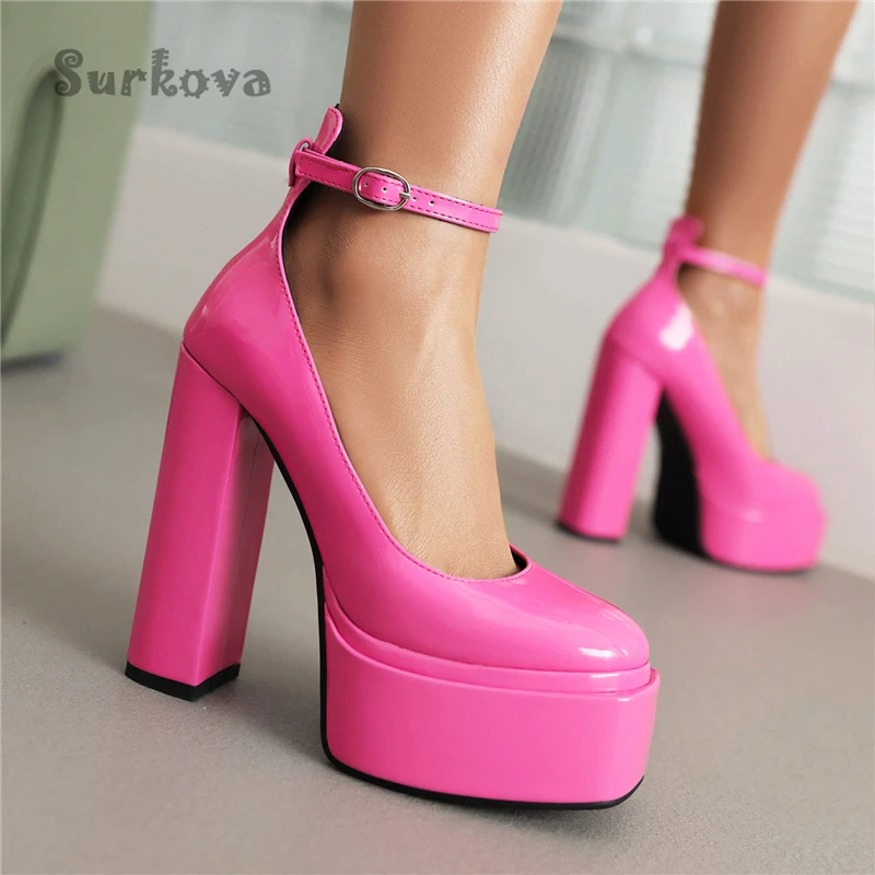 

Patent Leather Platform Shallow Sandals Super High Heels Square Heel Pumps New Round Toe Ankle Strap Buckle Banquet Party Shoes
