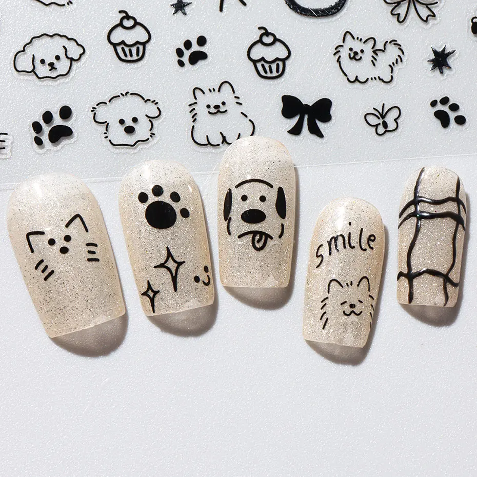 2pcs 3D Cute Silver Smile Dog Decals Y2K Cartoon Cat Footprint Nail Stickers Graffiti Star Heart Bowknot Manicure Slider Decor 5
