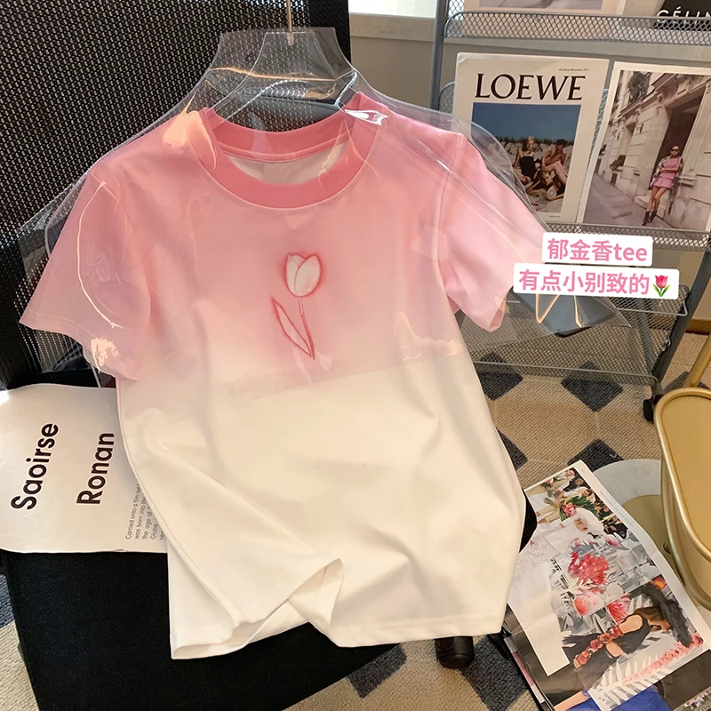 

Gradient Tulip Floral Short Sleeve Cotton T-shirt for Women 2023 Summer Round Neck Casual Sweet Kawaii T-Shirts Woman Tops Tees