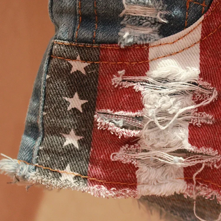 Women's Low-Rise American Flag Print Ripped Denim Shorts Jeans Mini Hot Shorts Summer Style Jean Shorts Women Summer