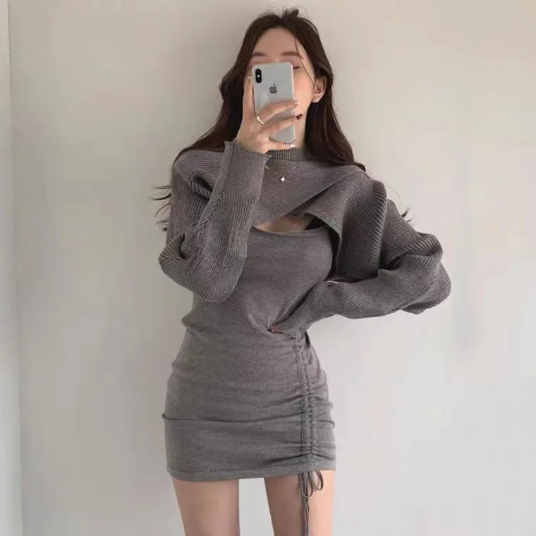 

Sexy Two Peices Set Women Knitted Cape + Sleeveless Pleated Mini Dress Bodycon 2023 All Match Outfit Vestidos Korean Suit