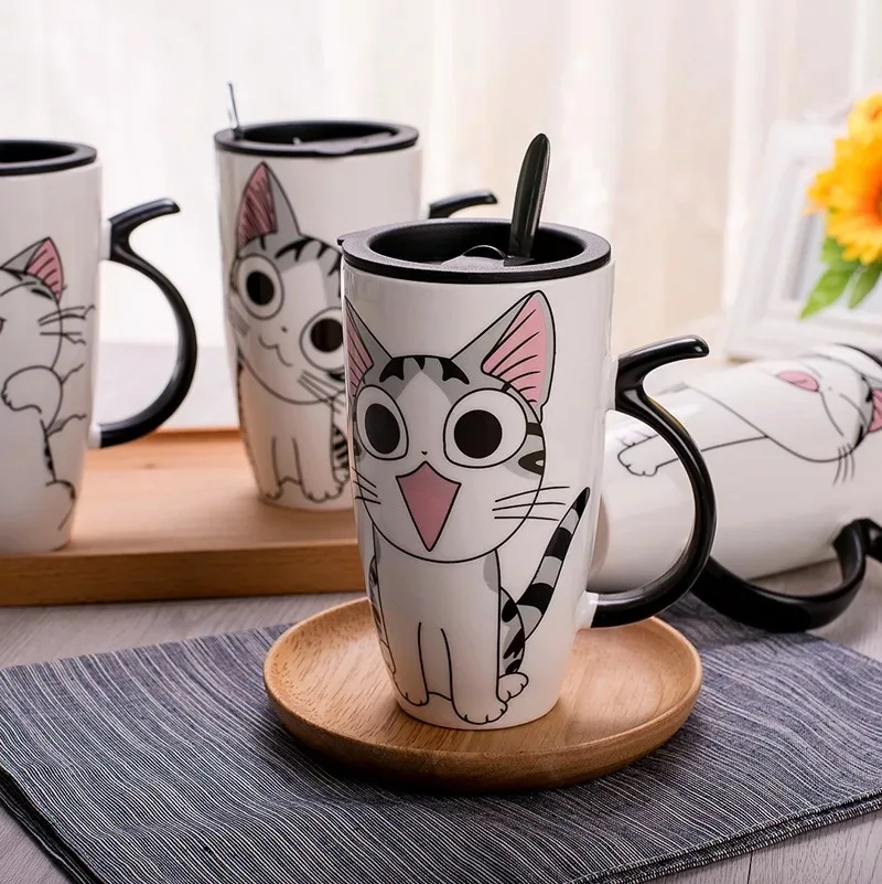 Ceramic cat mug with lid and spoon