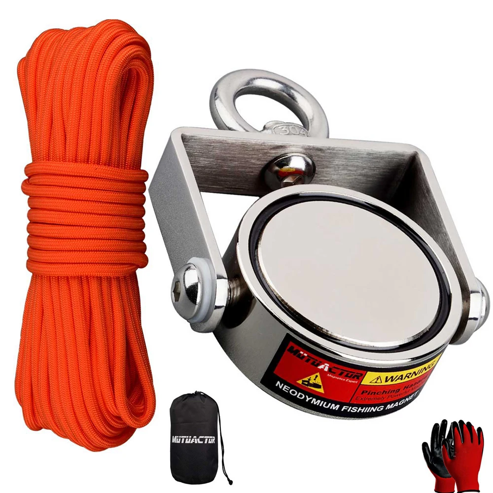 Mutuactor Magnete Da Pesca 200kg - Neodimio N52 Con Corda Nylon 10m E Moschettone - Potente Magnete Recupero Subacqueo