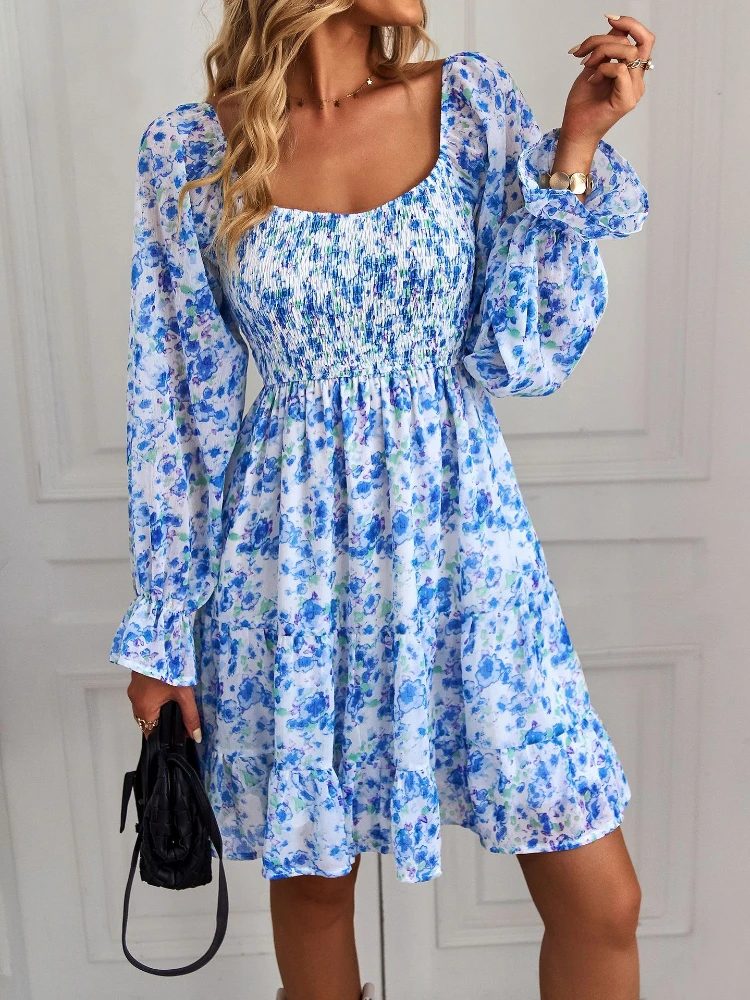 

Dresses for Women 2022 Spring Summer Fashion Korean Elegant Printing Skirt High Waist Black Long Sleeve Dresses Short Dresses
