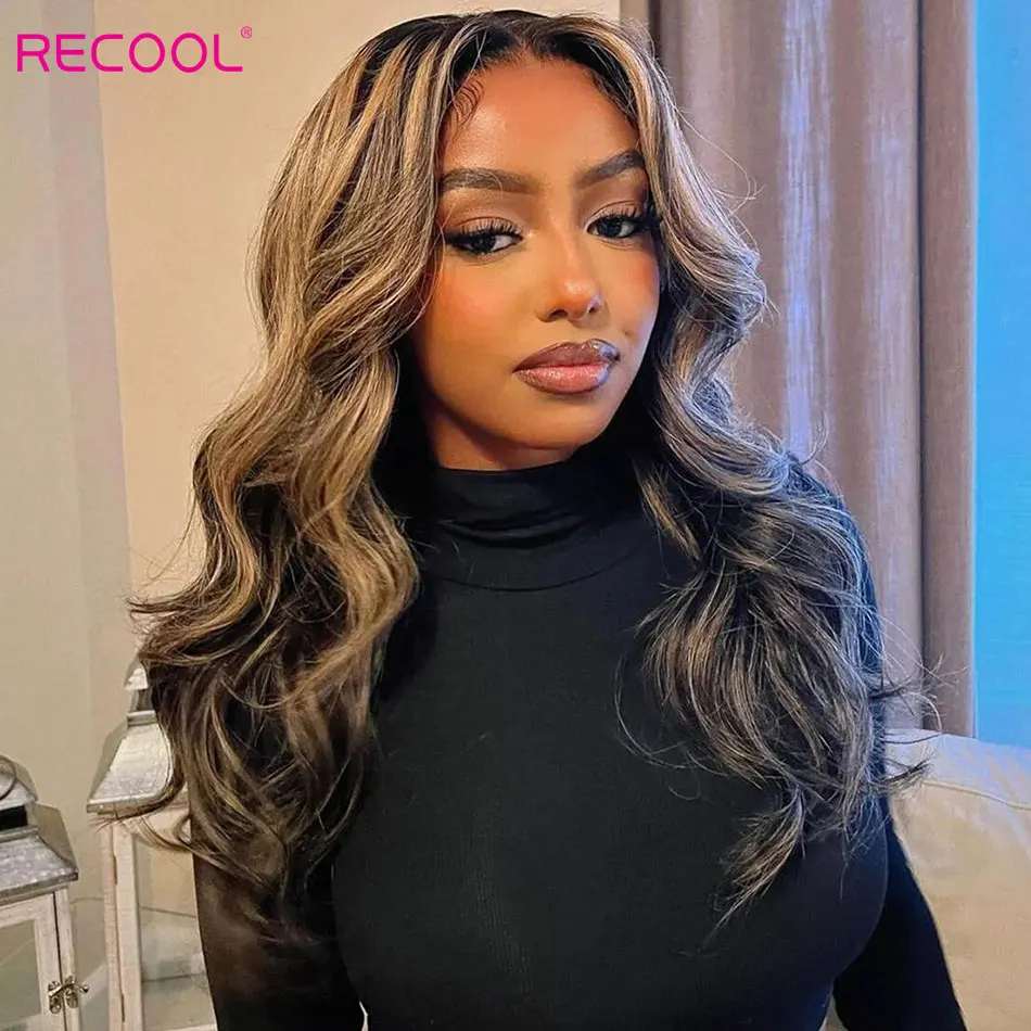 Recool Face-Framing Curtain Bangs Highlight Body Wave Wig Pre Plucked&Bleached 6&times;5 Glueless HD Lace Closure Wig Human Hair