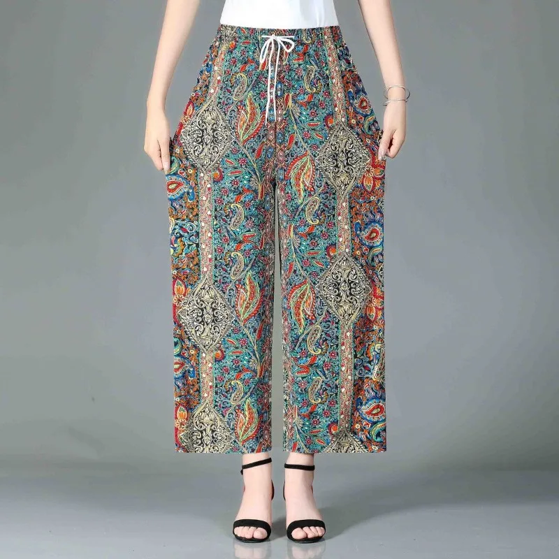 Autumn and Winter Women's High Waist Printing Drawstring Patchwork Elastic Loose Fashion Casual Elegant Commuter Wide Leg Pants