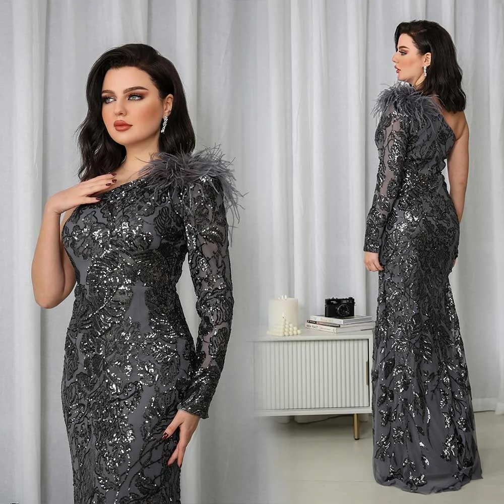 

Lace Sheath Prom Gowns Sweep Train Single-Shoulder With Feather Long Sleeve Dubai Women's Sexy Formal Evening Dresses