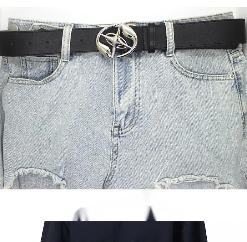 2023 New Ins Style Men's and Women's Retro Fashion Versatile Pure Black Belt Logo Metal Button Head Belt_voghion.com