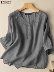 2023 ZANZEA Summer Blouse Vintage V Neck 3/4 Sleeve Embroidery Floral Shirt Casual Loose Tunic Tops Female Solid Blusas Chemise