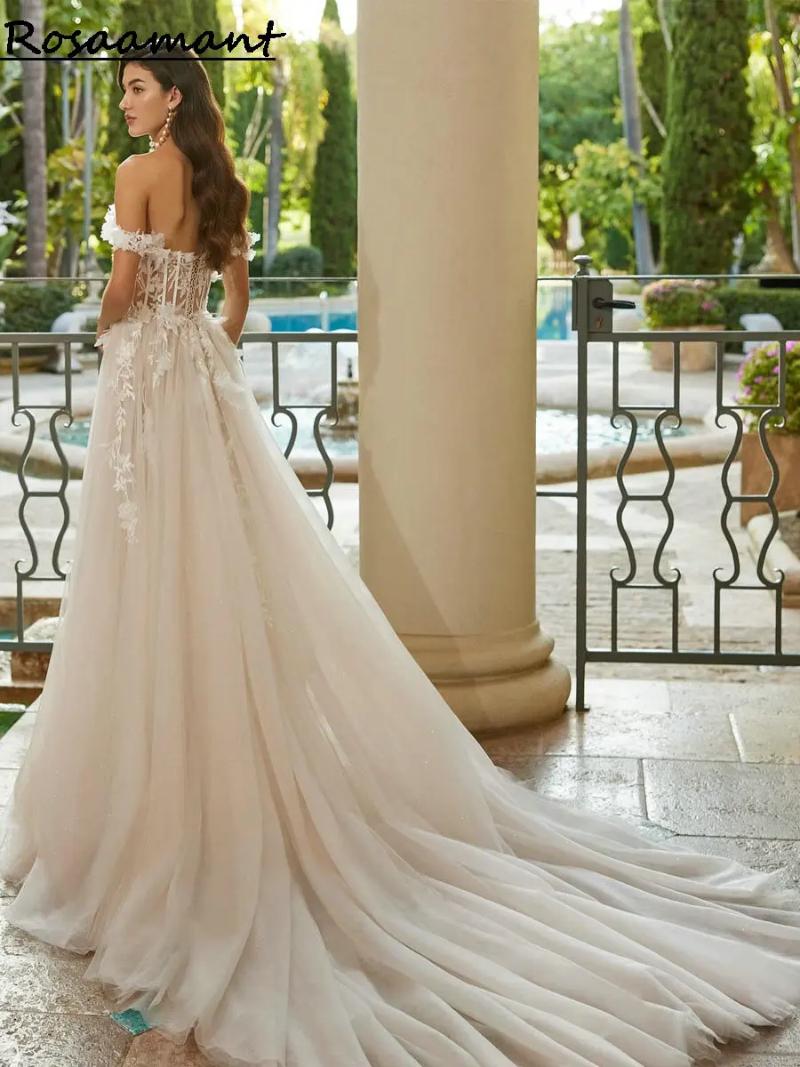 Charming Illusion 3D Flowers High Split A-Line Wedding Dresses Off The Shoulder Appliques Lace Bridals Gowns Vestidos De Novia 2