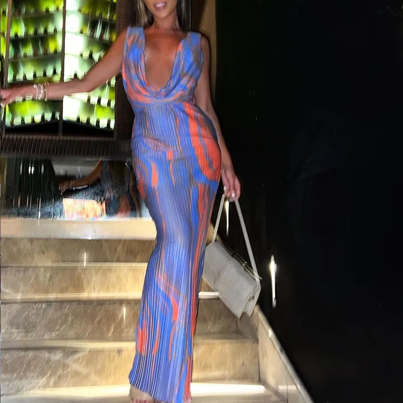 

Abstract Print Women Cowl Plunging Neckline Dress 2023Bodycon Evening Party Club Backless Long Dress Sexy Outfits Cocktail