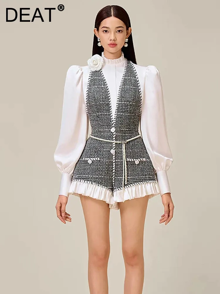

DEAT Autumn 2024 Women's Patchwork Short Jumpsuit Contrast Color Stand Collar Long Sleeve Tweed Playsuit Femal1 New 13DB3944