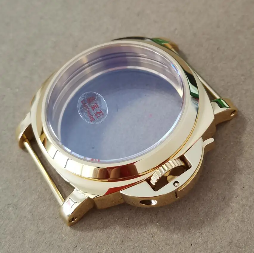 

Polished golden watch case 44mm 316L Stainless steel watch case Blue coated Sapphire crystal fit ETA6497 6498 movement