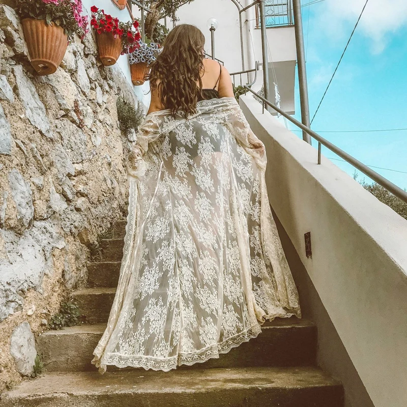 Women Bathrobes Long Nightgowns Lace Sheer Dress White Bridesmaid Robes Femme Sleepwear Kimono Bride Lingerie Porno Nightwear - 4