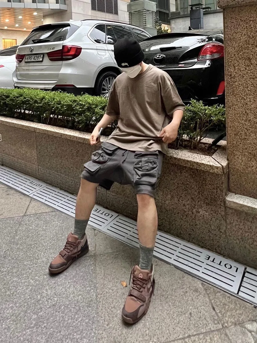 Men'S Retro High Street Loose Shorts Trendy Brand Korean Style Street Multi-Pocket American Functional Tactical Pants Trendy
