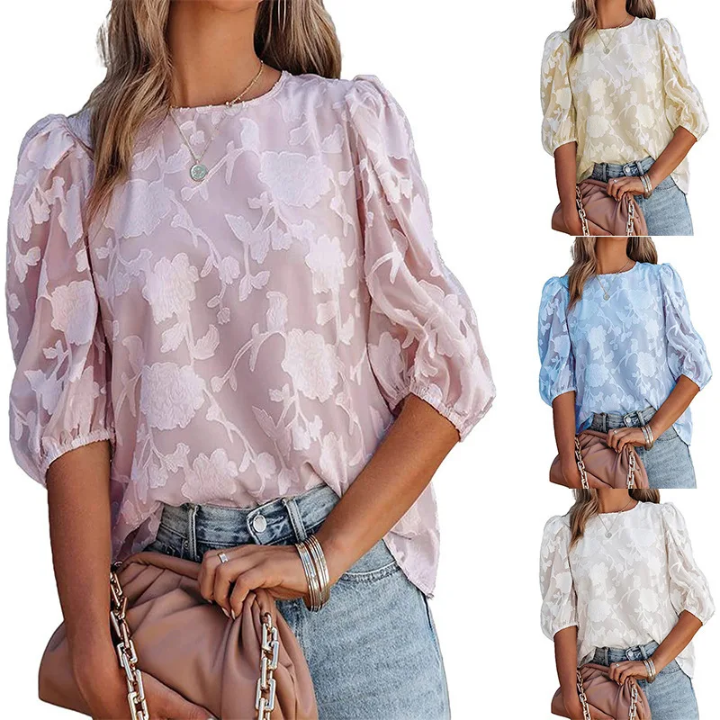 

2022 New Summer Fashion Chiffon Top Solid Color Puff Sleeve Top Floral Texture T Shirt Loose Basic T Shirt women clothing